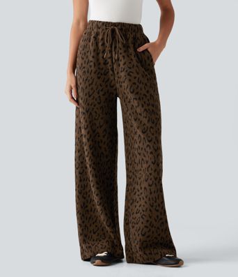 Pantalon en peluche taille haute à cordon, imprimé léopard, jambe large, décontracté, avec poches