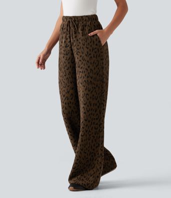 Pantalon en peluche taille haute à cordon, imprimé léopard, jambe large, décontracté, avec poches
