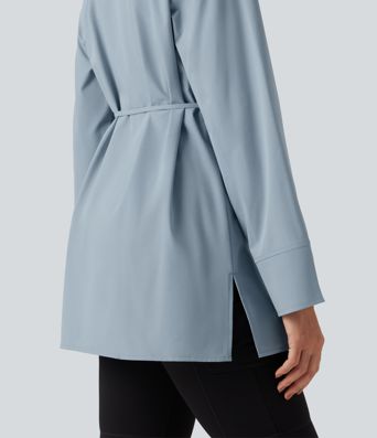Color Block Belted Long Sleeve Work Shirt