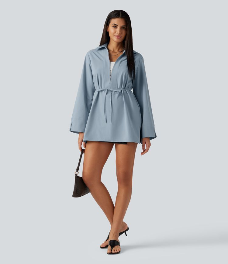 Color Block Belted Long Sleeve Work Shirt