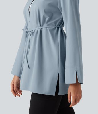 Color Block Belted Long Sleeve Work Shirt