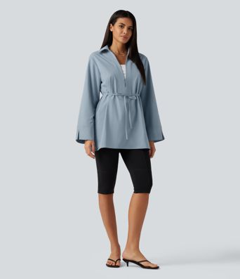 Color Block Belted Long Sleeve Work Shirt