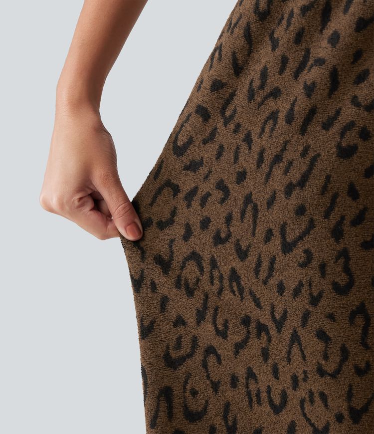 Pantalon en peluche taille haute à cordon, imprimé léopard, jambe large, décontracté, avec poches
