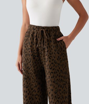 Pantalon en peluche taille haute à cordon, imprimé léopard, jambe large, décontracté, avec poches