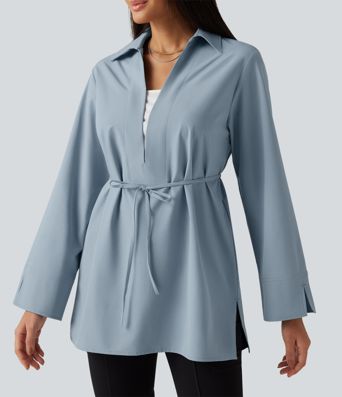 Color Block Belted Long Sleeve Work Shirt