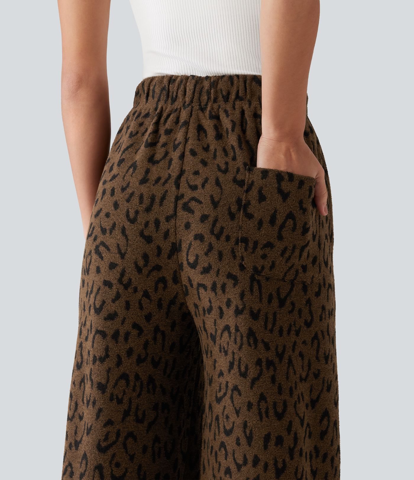 Pantalon en peluche taille haute à cordon, imprimé léopard, jambe large, décontracté, avec poches
