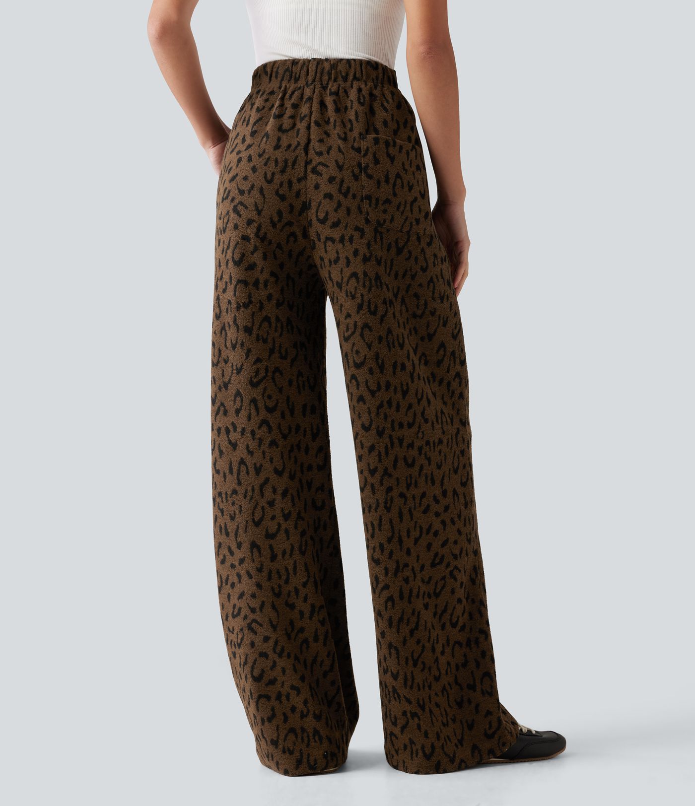 Pantalon en peluche taille haute à cordon, imprimé léopard, jambe large, décontracté, avec poches