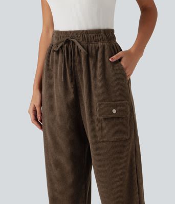 High Waisted Drawstring Tapered Corduroy Casual Joggers with Pockets