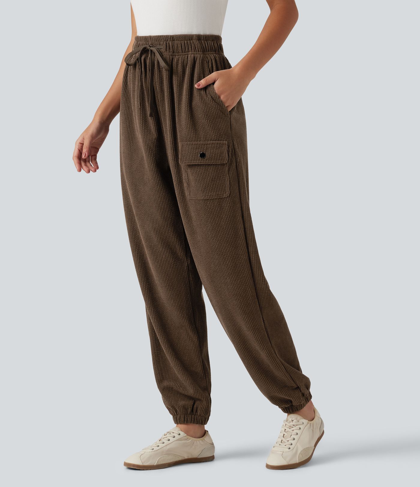 High Waisted Drawstring Tapered Corduroy Casual Joggers with Pockets