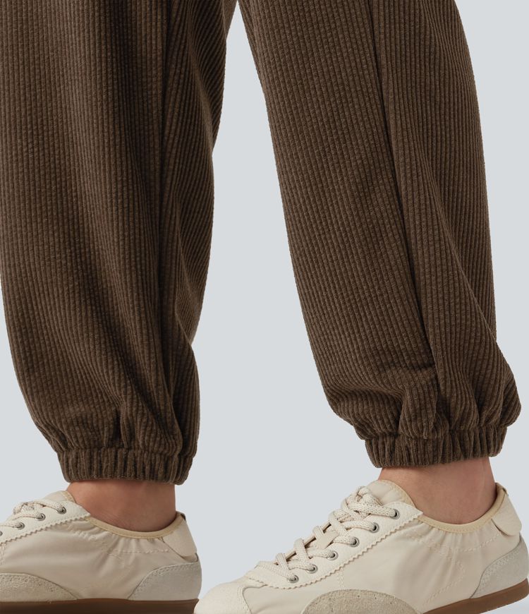 High Waisted Drawstring Tapered Corduroy Casual Joggers with Pockets