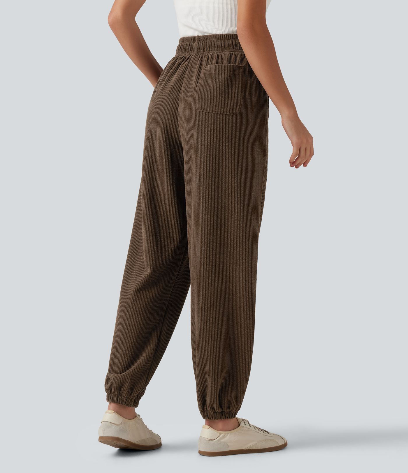 High Waisted Drawstring Tapered Corduroy Casual Joggers with Pockets