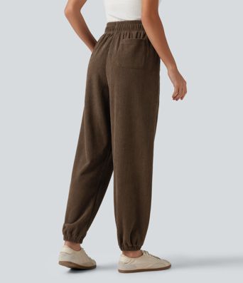 High Waisted Drawstring Tapered Corduroy Casual Joggers with Pockets