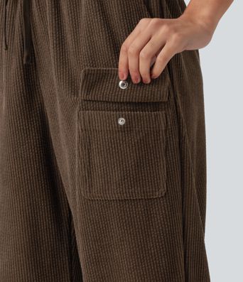 High Waisted Drawstring Tapered Corduroy Casual Joggers with Pockets