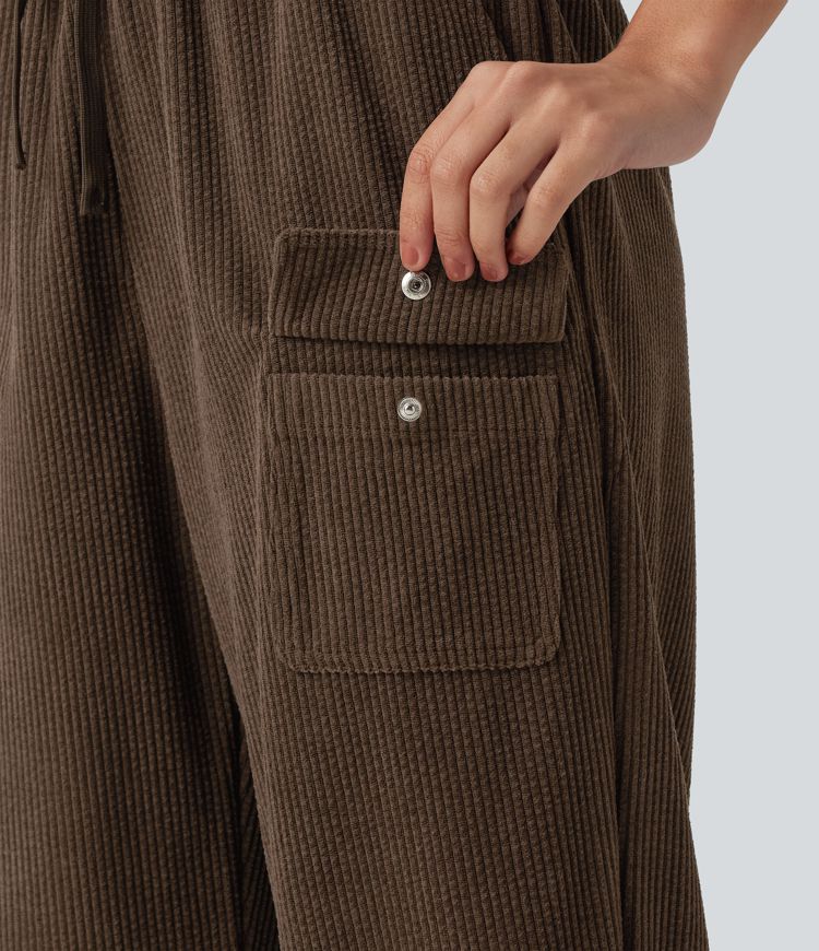 High Waisted Drawstring Tapered Corduroy Casual Joggers with Pockets