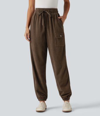 High Waisted Drawstring Tapered Corduroy Casual Joggers with Pockets