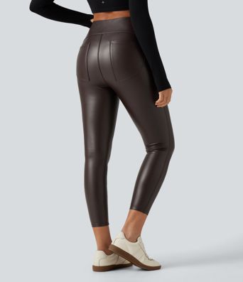 Geraffte Fleece-Yoga-Leggings aus elastischem Kunstleder mit hohem Bund und Gesäßtaschen Geraffte Fleece-Yoga-Leggings aus elastischem Kunstleder mit hohem Bund und Gesäßtaschen