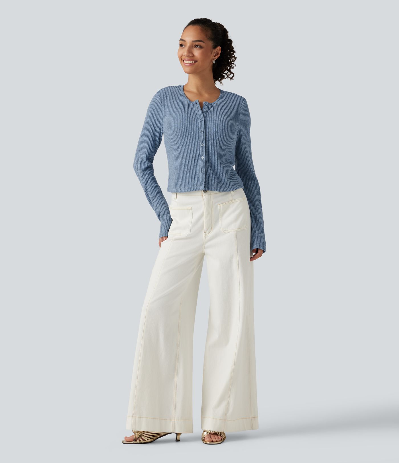 Ribbed Knit Round Neck Long Sleeve Lounge Top