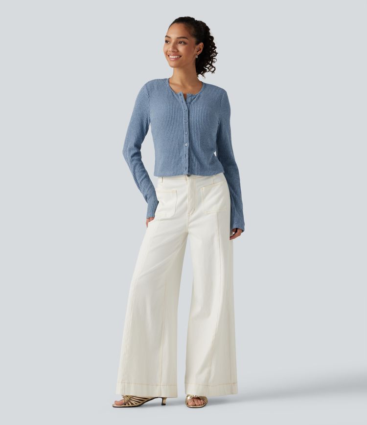 Ribbed Knit Round Neck Long Sleeve Lounge Top