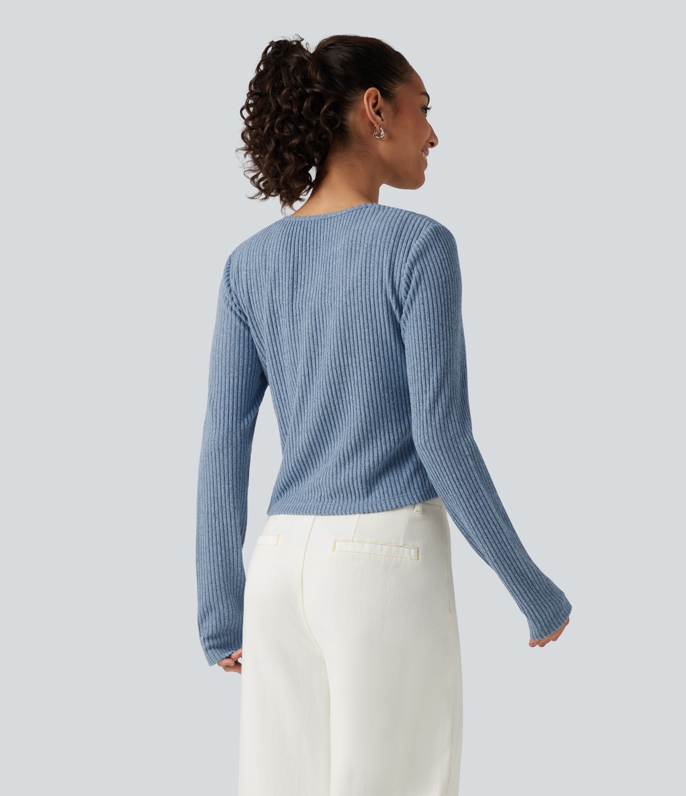 Ribbed Knit Round Neck Long Sleeve Lounge Top