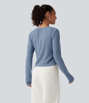 Ribbed Knit Round Neck Long Sleeve Lounge Top