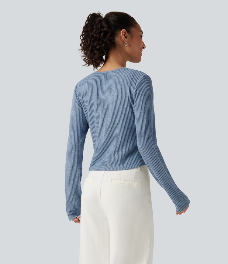 Ribbed Knit Round Neck Long Sleeve Lounge Top