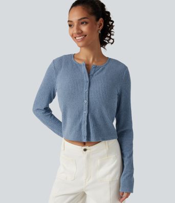 Ribbed Knit Round Neck Long Sleeve Lounge Top