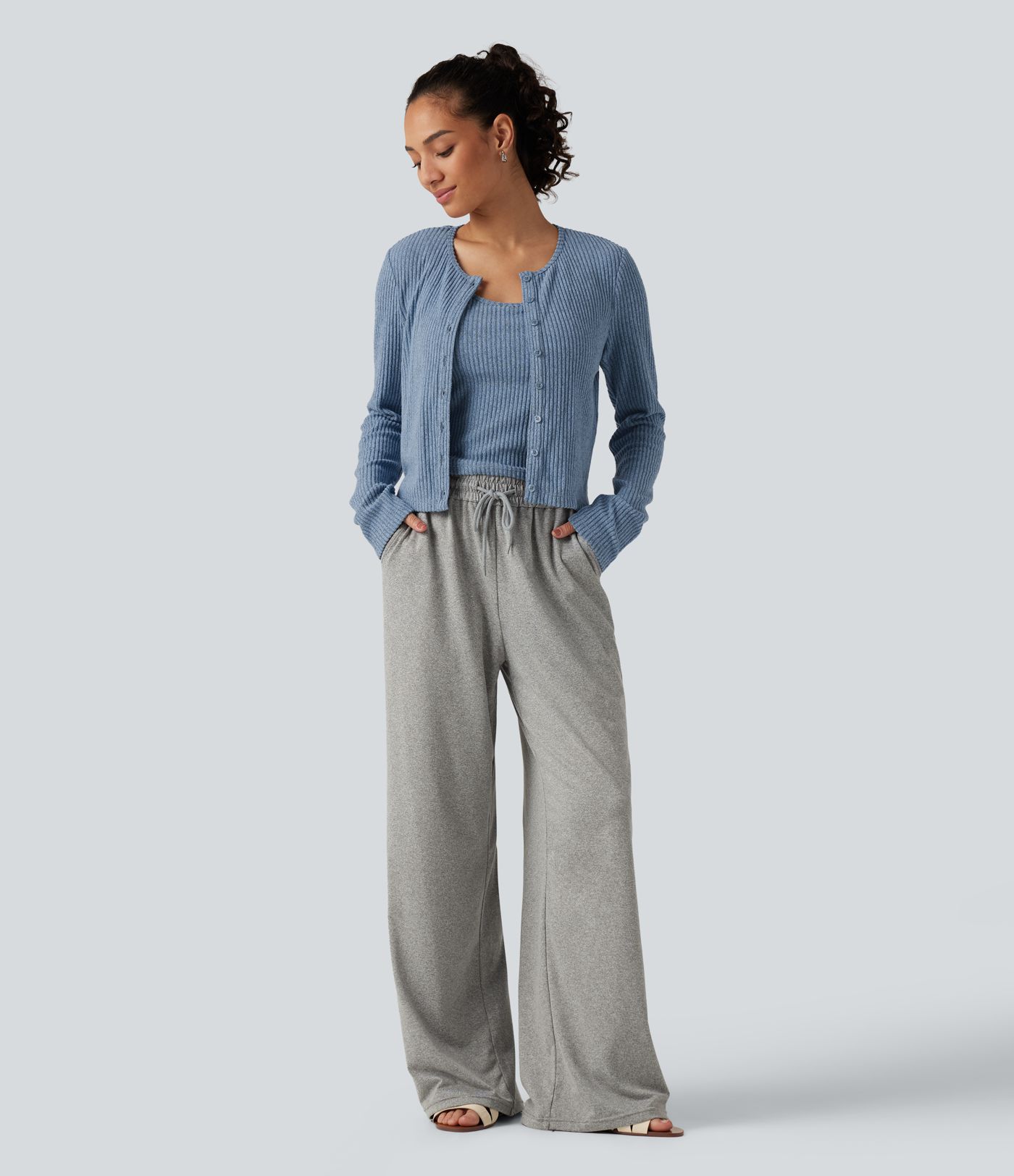 Ribbed Knit Round Neck Long Sleeve Lounge Top