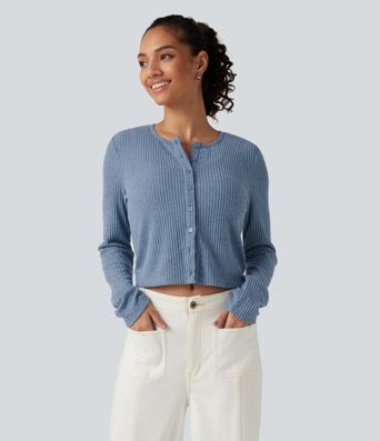 Ribbed Knit Round Neck Long Sleeve Lounge Top