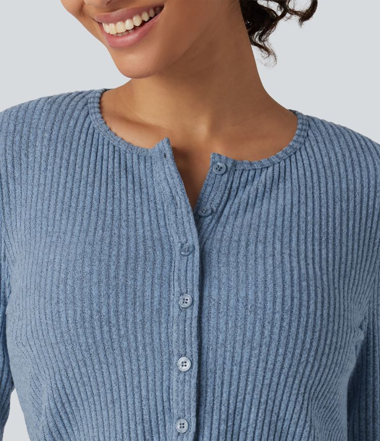 Ribbed Knit Round Neck Long Sleeve Lounge Top