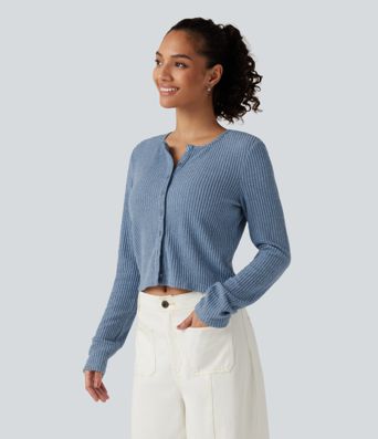 Ribbed Knit Round Neck Long Sleeve Lounge Top