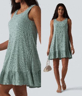 Robe courte décontractée sans manches à col rond, soutien-gorge intégré et ourlet à volants