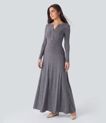 Henley Long Sleeve Flare Maxi Casual Dress