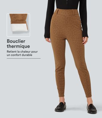 Legging taille haute en simili stretch imprimé léopard doublé polaire avec poches