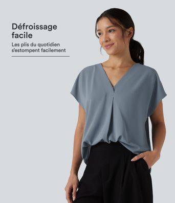 Blouse esprit bureau oversize défroissage facile, col V et manches courtes