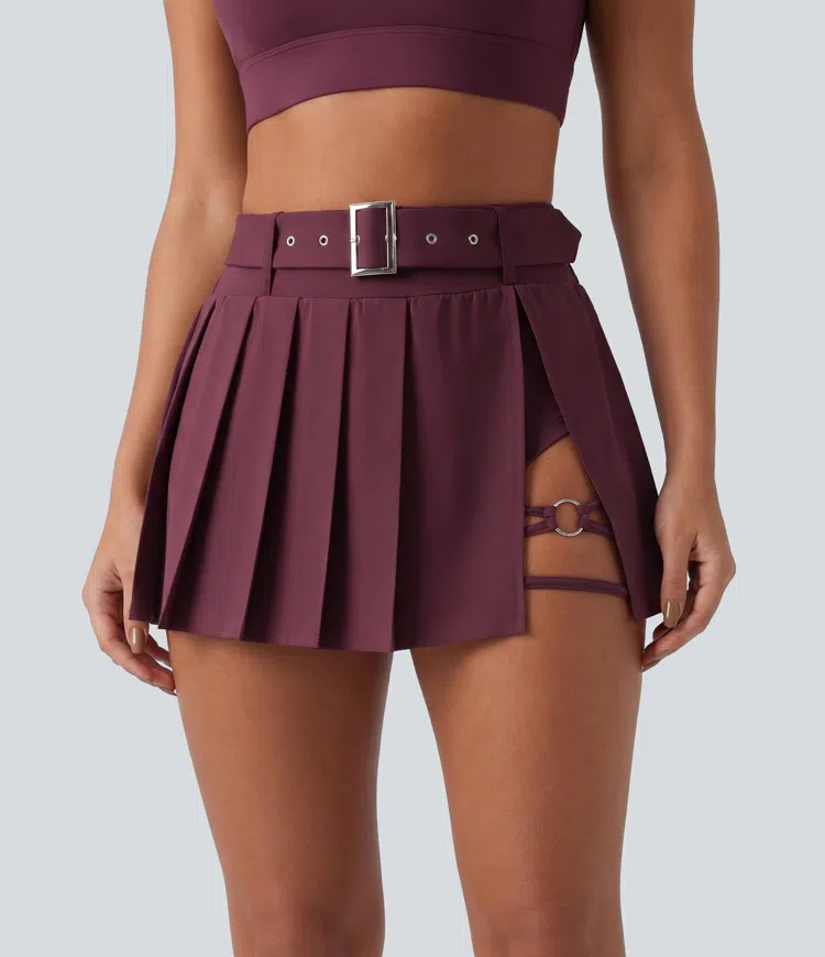 Breezeful™ jupe de danse micro-mini 2-en-1, taille mi-haute, ceinturée, plissée, ourlet asymétrique, à séchage rapide, avec poche