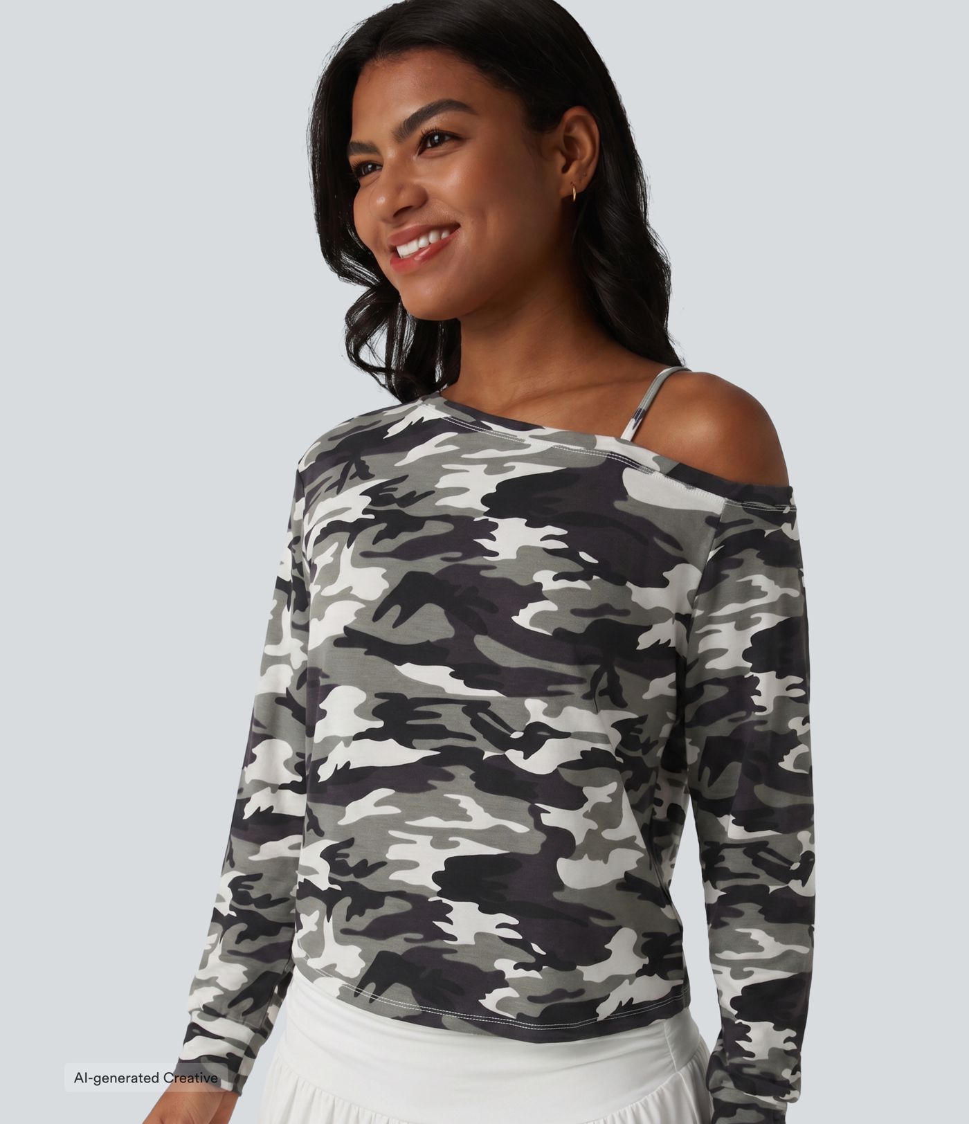 One Shoulder Long Sleeve Camo Casual Top One Shoulder Long Sleeve Camo Casual Top