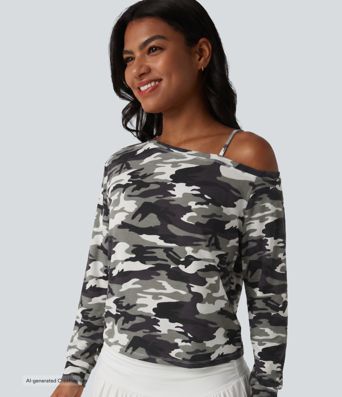 One Shoulder Long Sleeve Camo Casual Top One Shoulder Long Sleeve Camo Casual Top