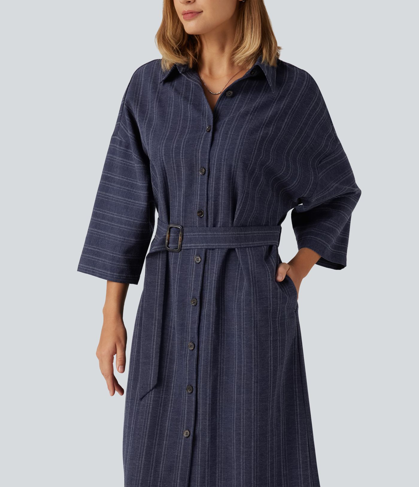 Robe-chemise mi-longue décontractée à col V, manches longues, rayée, ceinturée, effet lin, avec poches
