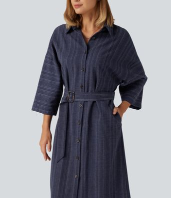 Robe-chemise mi-longue décontractée à col V, manches longues, rayée, ceinturée, effet lin, avec poches