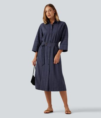 Robe-chemise mi-longue décontractée à col V, manches longues, rayée, ceinturée, effet lin, avec poches