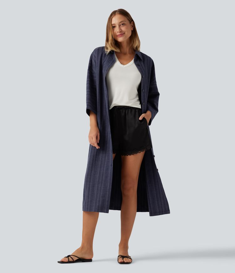 Robe-chemise mi-longue décontractée à col V, manches longues, rayée, ceinturée, effet lin, avec poches