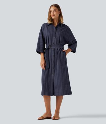 Robe-chemise mi-longue décontractée à col V, manches longues, rayée, ceinturée, effet lin, avec poches
