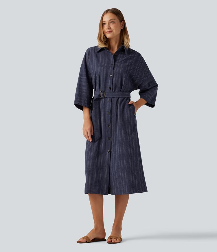Robe-chemise mi-longue décontractée à col V, manches longues, rayée, ceinturée, effet lin, avec poches