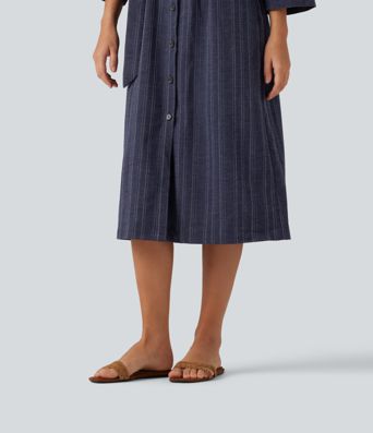 Robe-chemise mi-longue décontractée à col V, manches longues, rayée, ceinturée, effet lin, avec poches