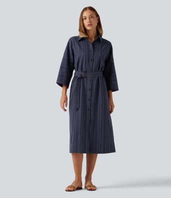 Robe-chemise mi-longue décontractée à col V, manches longues, rayée, ceinturée, effet lin, avec poches