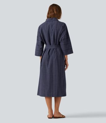 Robe-chemise mi-longue décontractée à col V, manches longues, rayée, ceinturée, effet lin, avec poches
