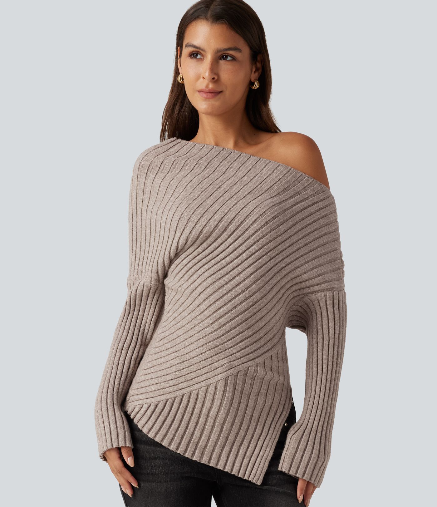 Ribbed Knit One Shoulder Long Sleeve Asymmetric Hem Casual Sweater