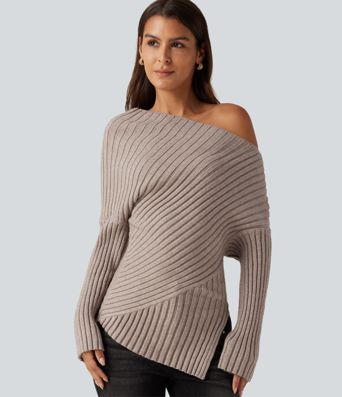 Ribbed Knit One Shoulder Long Sleeve Asymmetric Hem Casual Sweater
