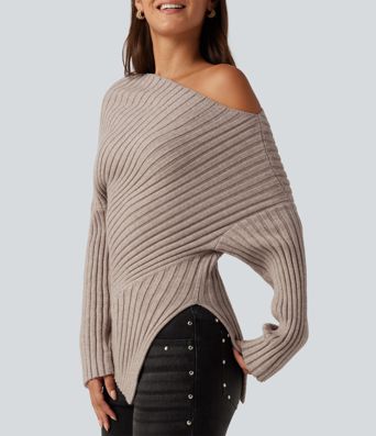 Ribbed Knit One Shoulder Long Sleeve Asymmetric Hem Casual Sweater