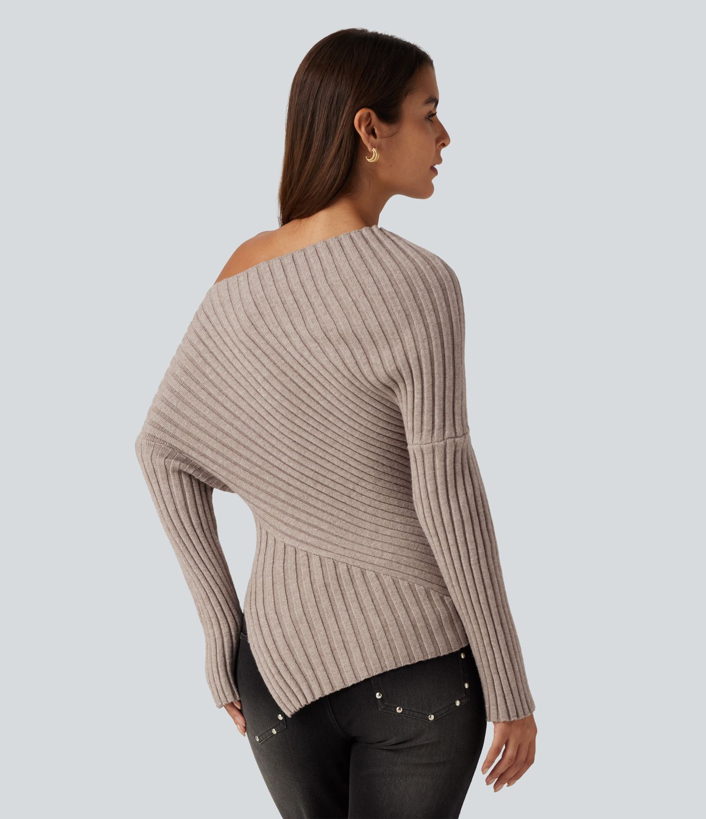 Ribbed Knit One Shoulder Long Sleeve Asymmetric Hem Casual Sweater